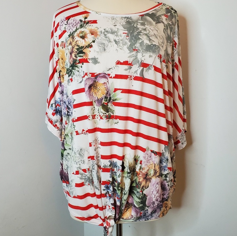 Stripe & Floral Tie Waste Dolman Top